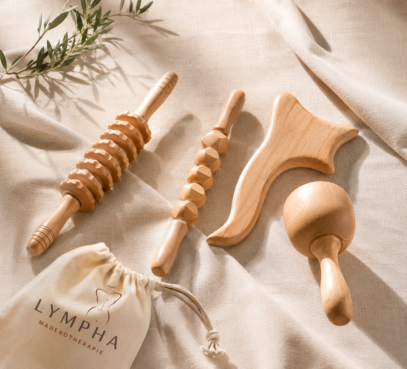 Kit de 4 outils de madérothérapie en bois naturel Lympha